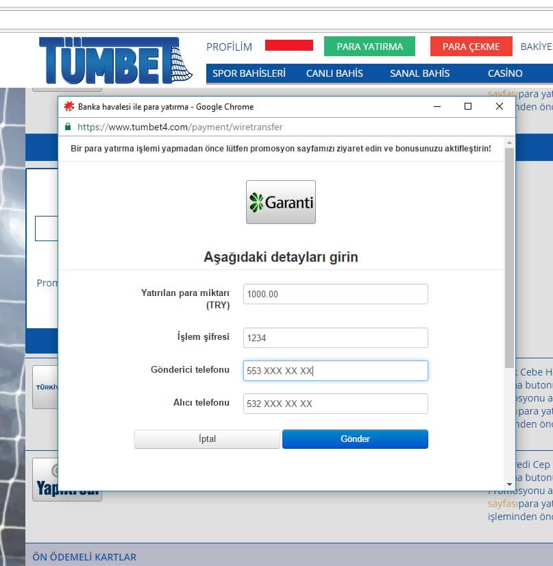Tümbet Cepbank para yatırma formu